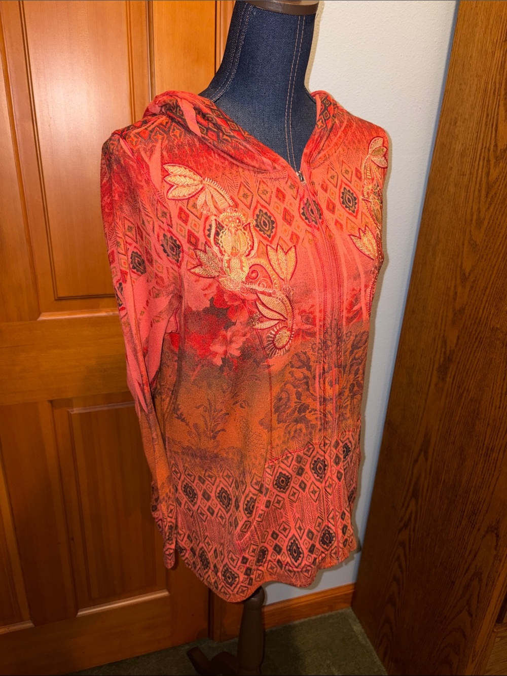 ONE WORLD Orange Floral Zip Hoodie with Embroidered Leaves